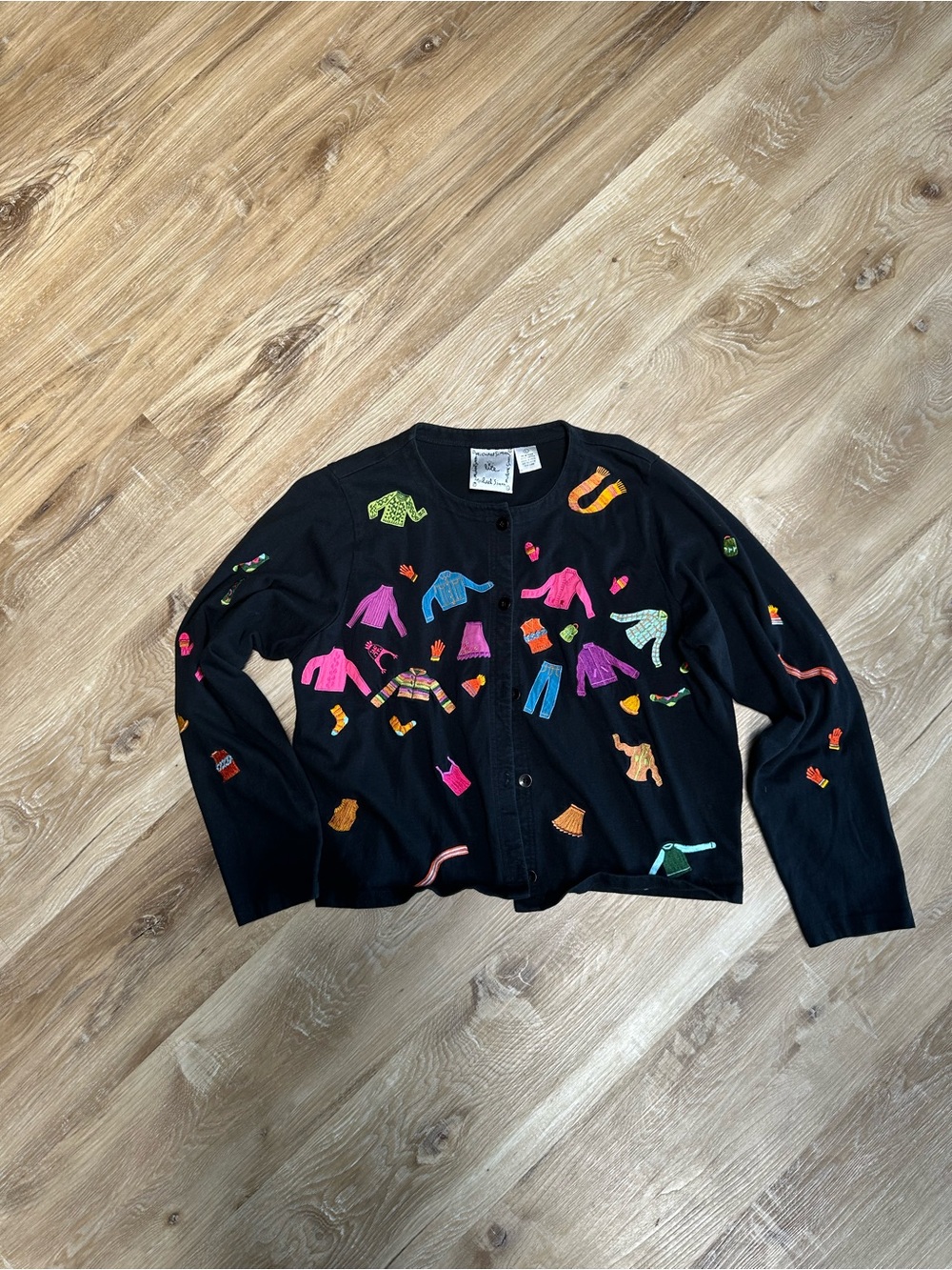 Michael Simon Black Cardigan with Bright Multi-Color Embroidery